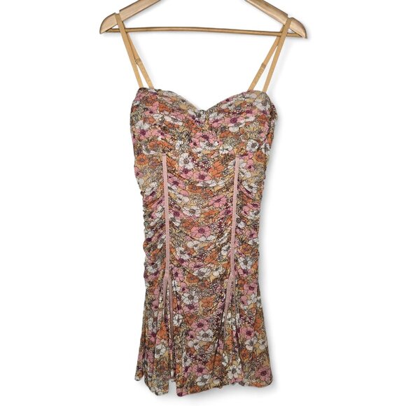 Story On Los Angeles Ruched Mini Dress Women's Sheer Floral Spaghetti Strap L - Picture 1 of 8